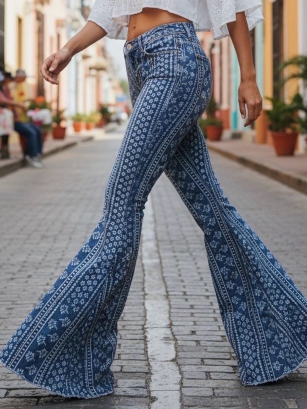 FREE PEOPLE Mantra Bali Indigo Print Flare Wide Bell Hippie Festival Boho Jeans